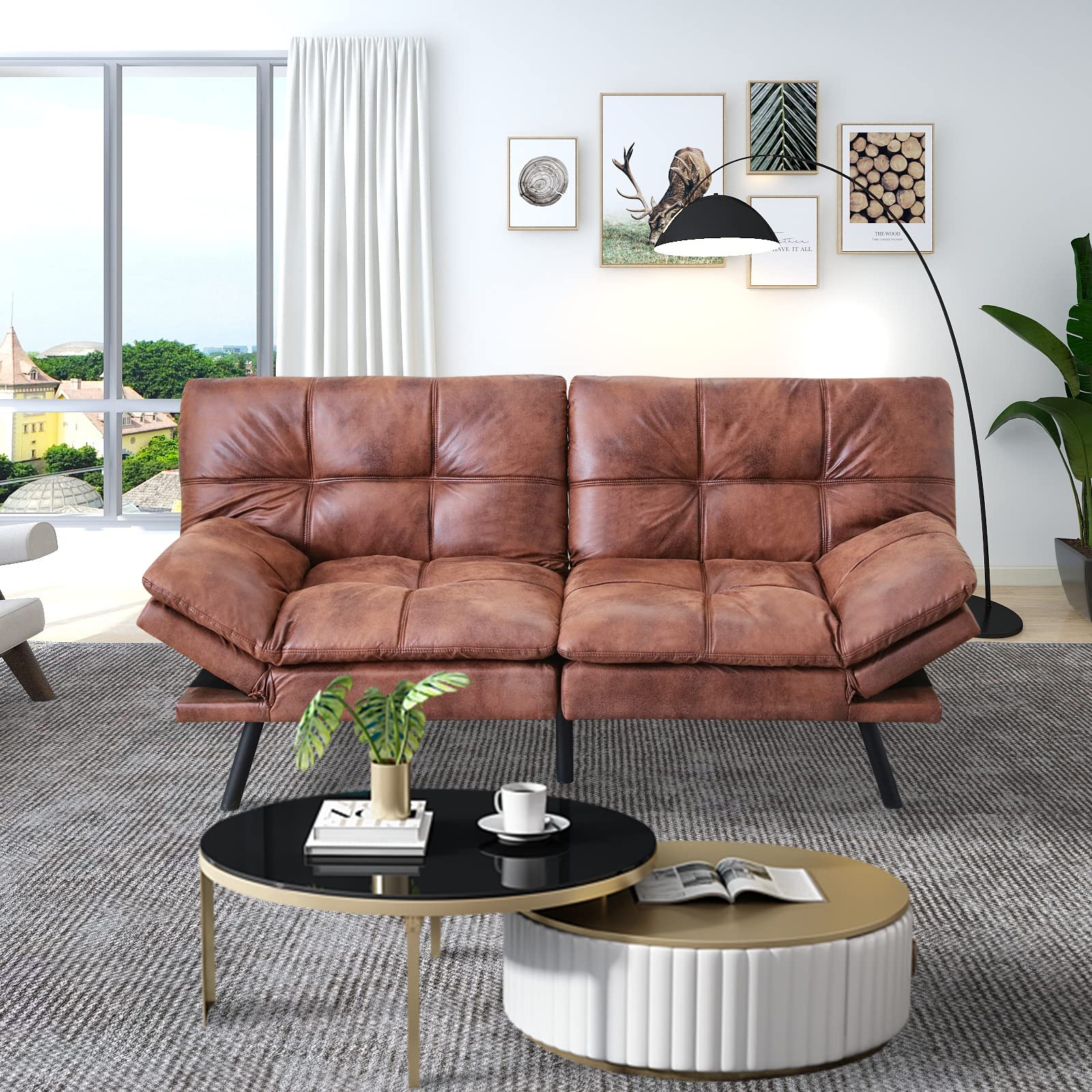 Maxspeed Sofa Bed Couch, Memory Foam Futon Sofa Bed with Mattress and Frame Included,Comfortable Brown Faxu Leather Loveseat Sleeper Sofa for Dorm Apartment Office College Small Space Bedroom