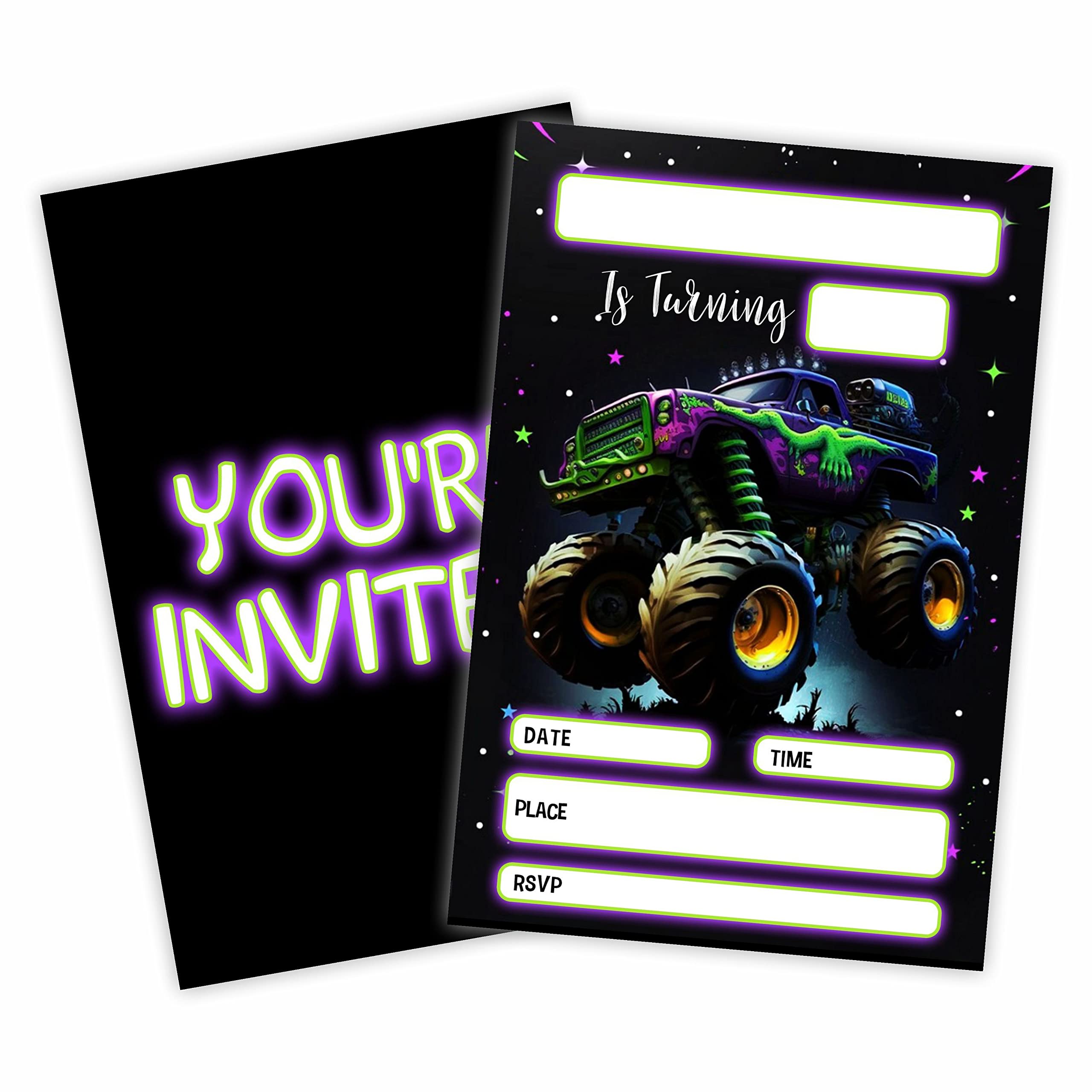 GREOXG Monster Truck Theme Birthday Invitations, 20 Count, 4 x 6 Inches, Coated Paper, Multicolor