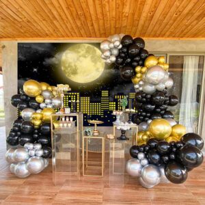 Super City Superhero Backdrop for Photography 7x5FT Yellow Full Moon Skyline Cityscape Theme Photo Background Baby Shower Boys Birthday Party Cake Table Decoration Banner Props (84x60 inch)