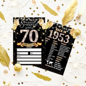 70th Birthday Party Invitation Card - Black Gold Invites with Back In 1953 Poster Printing On The Back Double-Sided Fill-in Invites - 20 Cards with Envelopes for Party Favors - sr-16