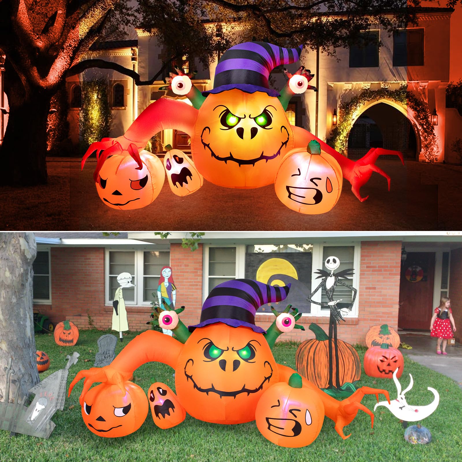 Wothfav 8FT Long Halloween Inflatable Outdoor Decorations, Pumpkin Decorations with Build-in LED Lights, Blow Up Jack-o-Lantern for Indoor Outdoor Halloween Party, Yard, Garden, Lawn