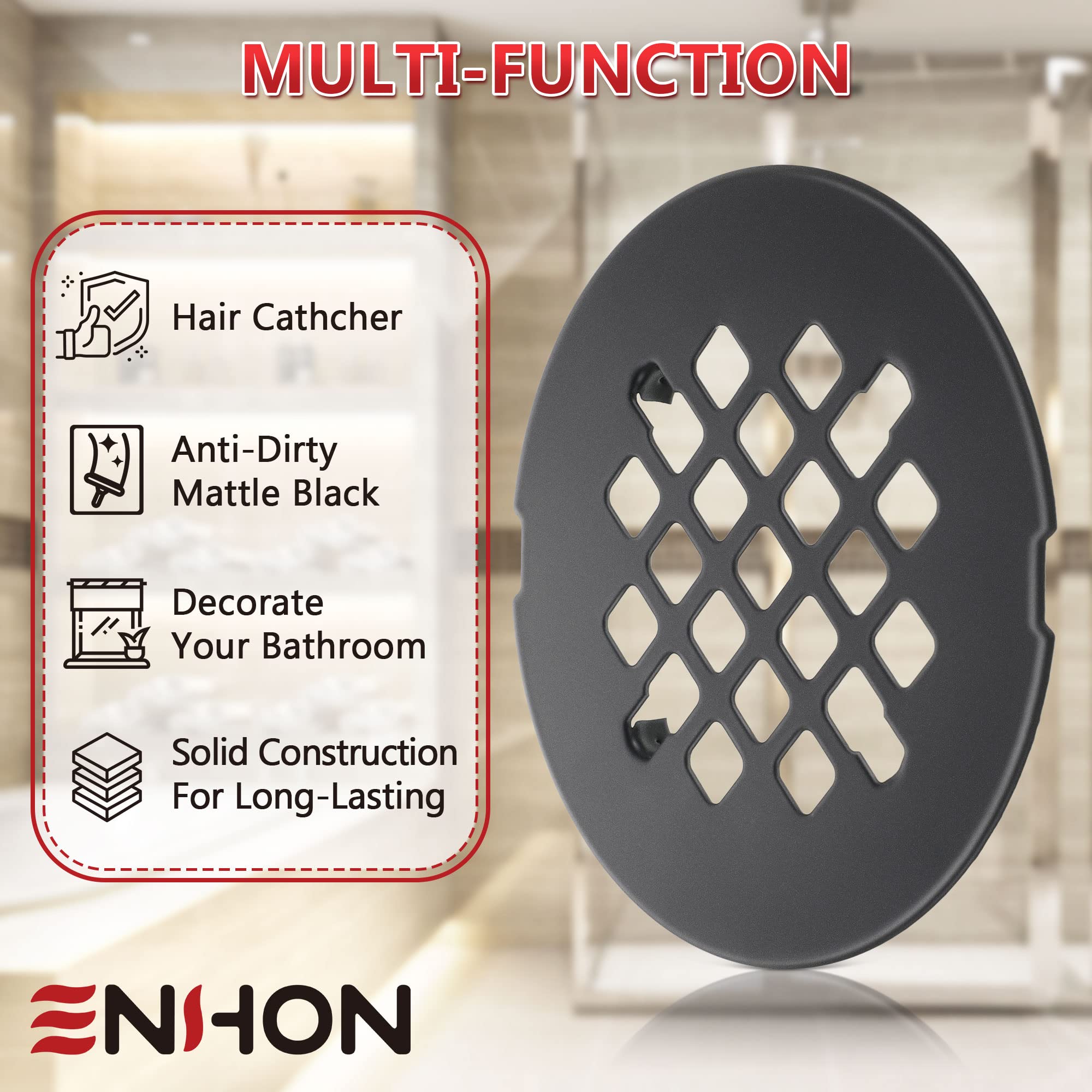 Enhon 2 Pack 4-1/4 Snap in Shower Drain Cover, Round Shower Strainer Drain Grid, Bathroom Shower Drain Grate Cap Replacement for Hair Catcher, Matte Black, Stainless Steel