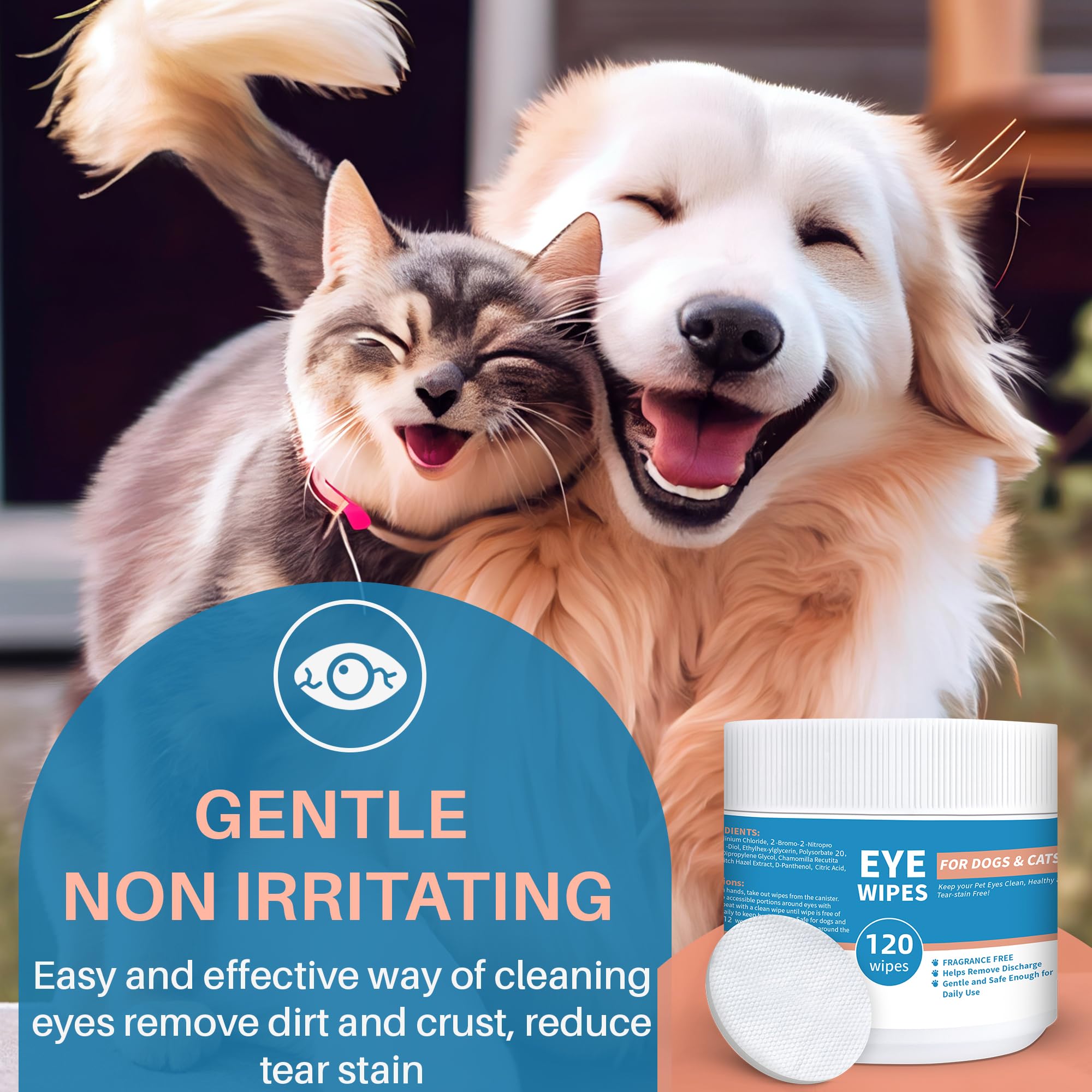 Dog Eye Wipes - 120Ct Tear Stain Remover for Dogs and Cats - 3.15" Presoaked Eye Wash Pads - Unscented Pet Eye Wipes for Remove Discharge and Crust