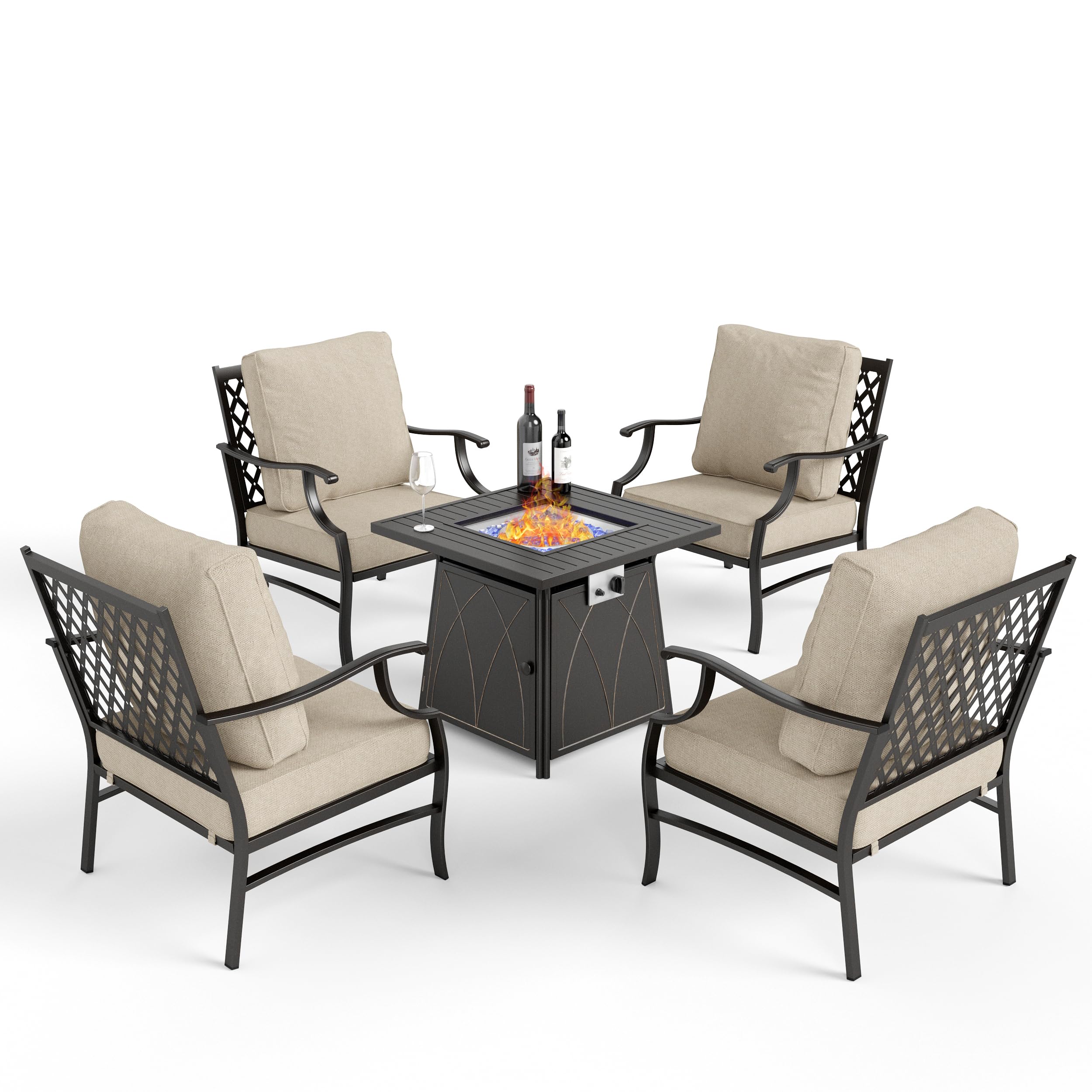 MIXPATIO Patio Furniture Set with Fire Pit Table, 5 Pcs Metal Outdoor Conversation Set, 4 Single Chairs with 5.75" Extra Thick Cushion and 28" Fire Pit Table for Backyard Deck, Beige