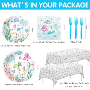 APOWBLS Under The Sea Party Decorations Dinnerware For Ocean Theme Birthday Baby Shower, Ocean Under The Sea Party Supplies, Plate, Napkin, Tablecloth, Underwater Sea Life Party Tableware, Serve 24