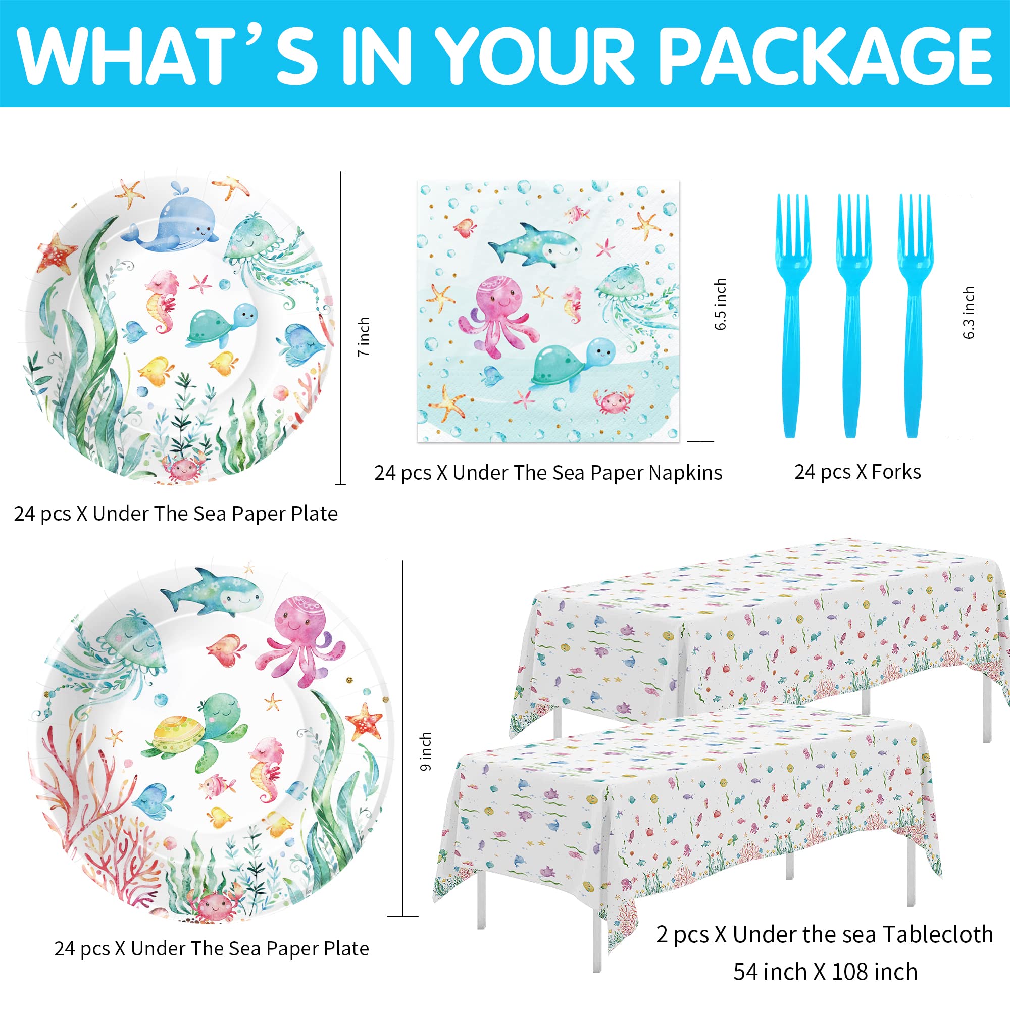 APOWBLS Under The Sea Party Decorations Dinnerware For Ocean Theme Birthday Baby Shower, Ocean Under The Sea Party Supplies, Plate, Napkin, Tablecloth, Underwater Sea Life Party Tableware, Serve 24