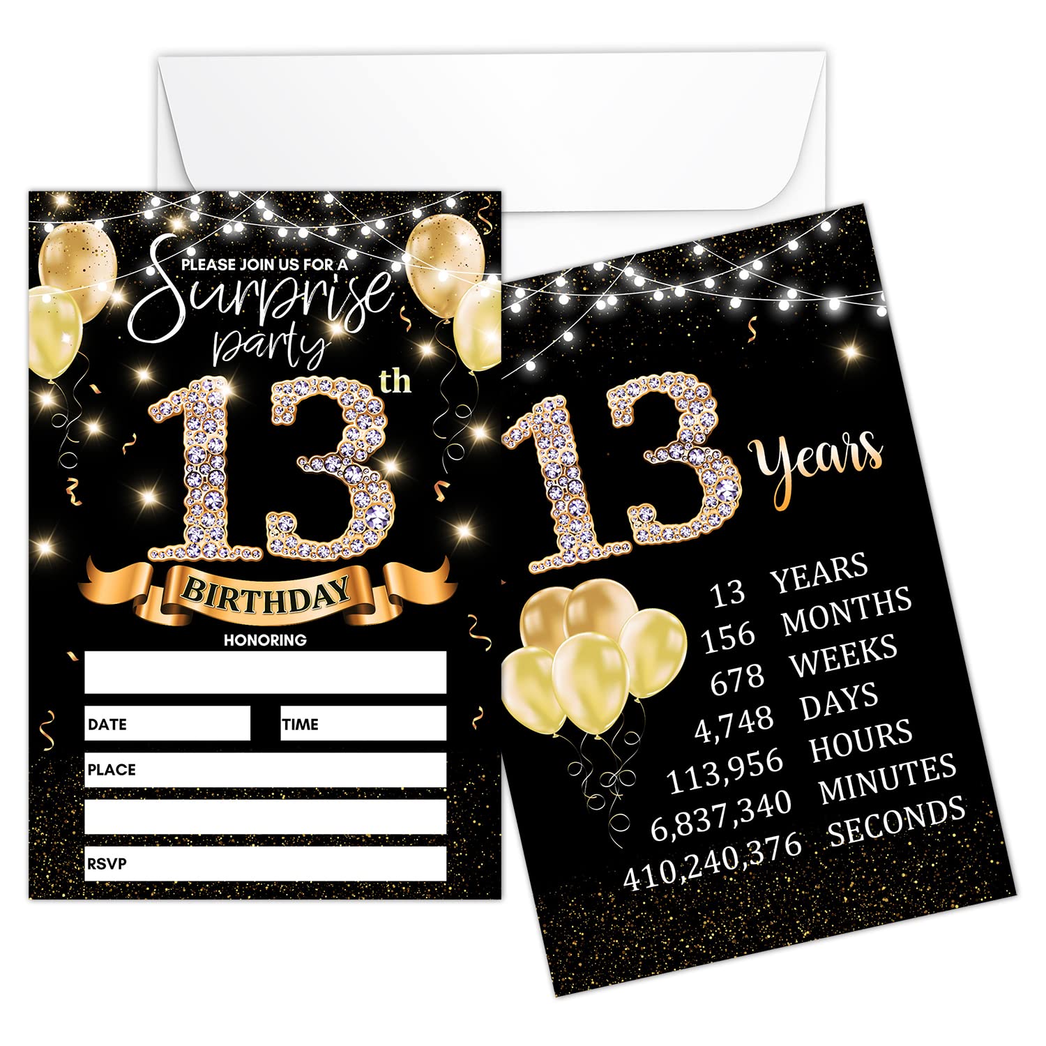 13th Birthday Party Invitation Card - Black Gold Invites with Birthday Sign Printing On The Back Double-Sided Fill-in Invites - 20 Cards with Envelopes for Party Favors - srgold-A02