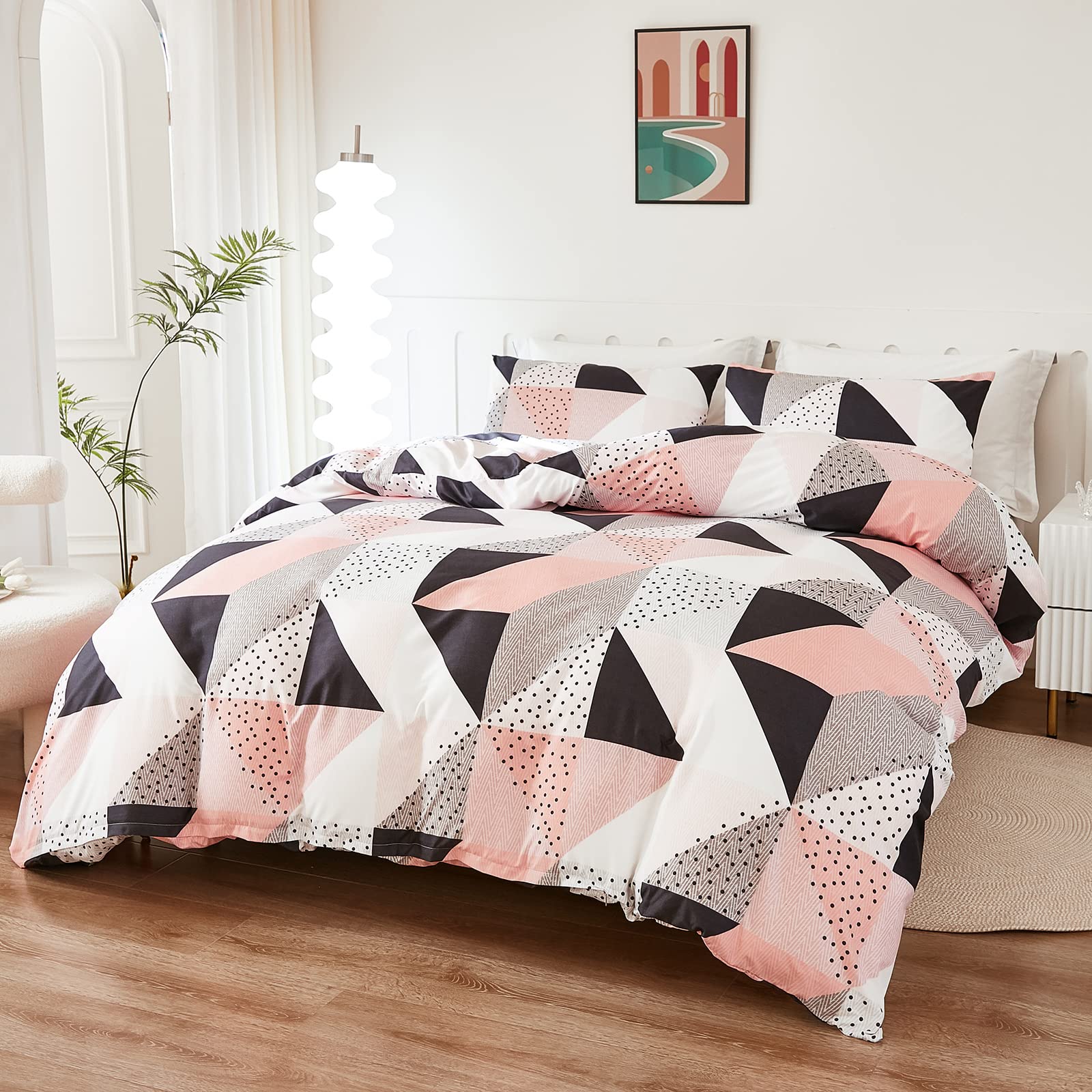 Bedbay Pink Grey Queen Comforter Set Western Bedding Set Queen Size Teen Girls Pink Grey Black Triangle Geometric Pattern 3 Pcs Soft Lightweight Fluffy Comforter Set (Muti,Queen)