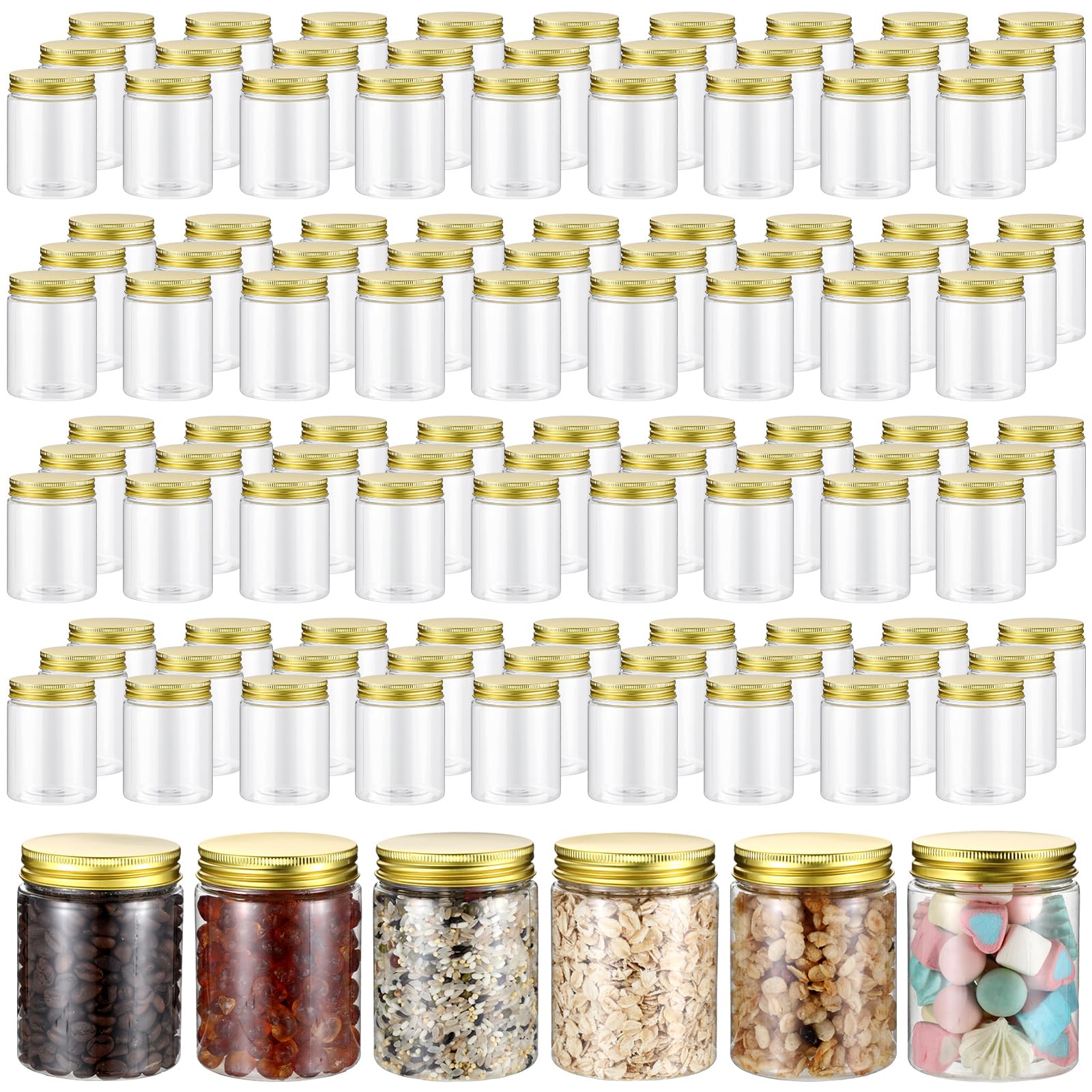 Wesiti 60 Pcs 8 oz Clear Plastic Jars Empty Plastic Storage Containers Refillable Plastic Mason Jars with Metal Golden Lids Transparent Round Canning Jars for Spice Dry Food Honey Herb Kitchen