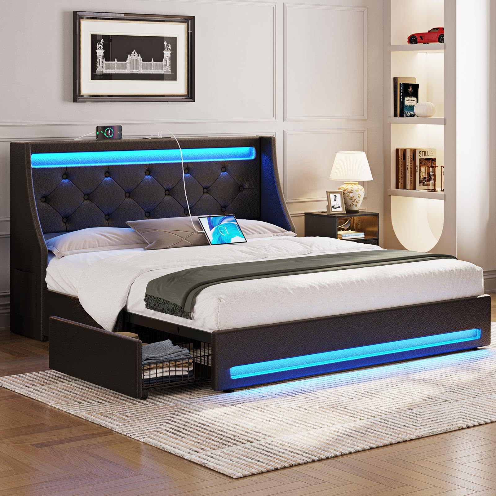 Rolanstar Full Bed Frame with LED Lights and Charging Station, PU Leather Bed with Drawers, Wooden Slats, Noise Free, Easy Assembly, Black