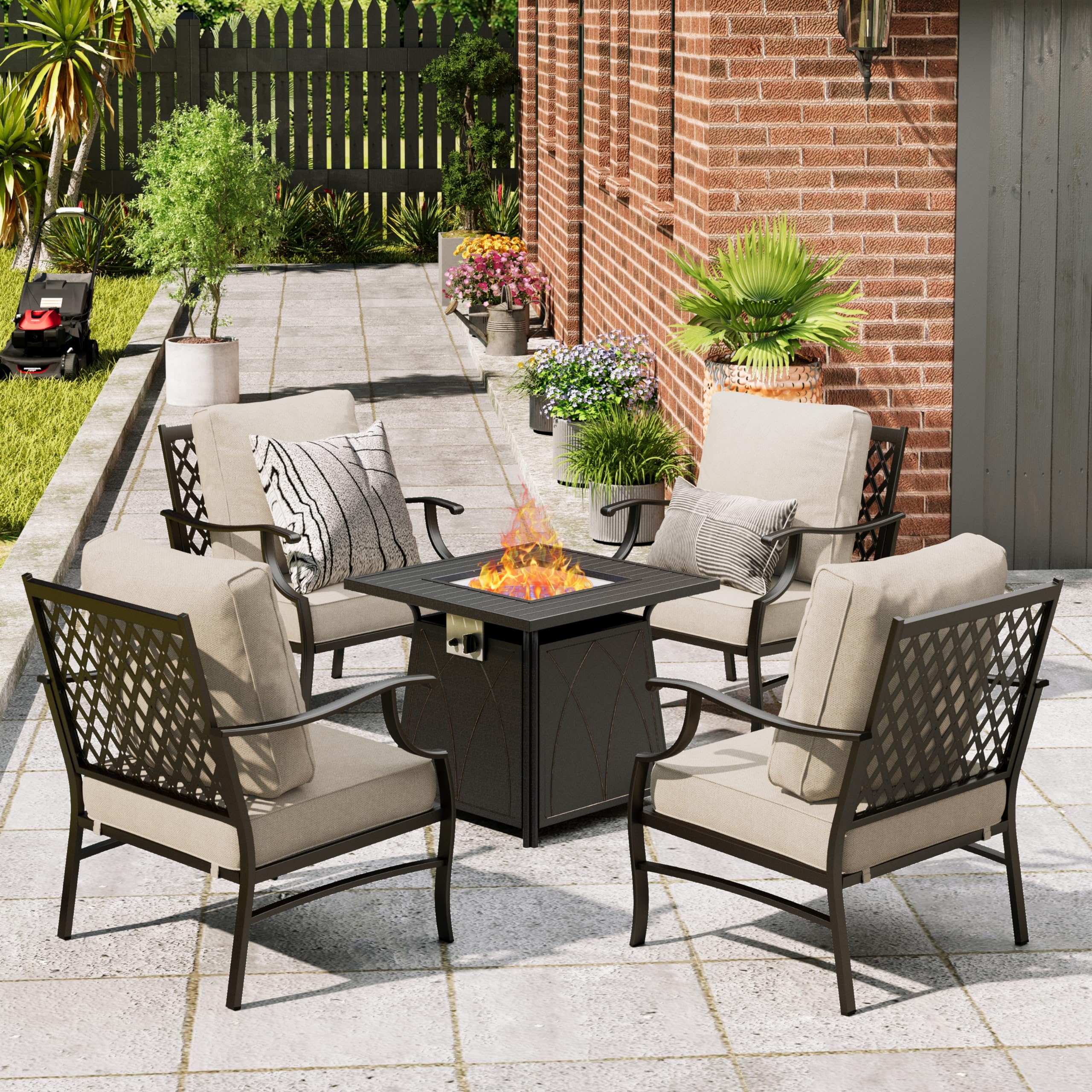 MIXPATIO Patio Furniture Set with Fire Pit Table, 5 Pcs Metal Outdoor Conversation Set, 4 Single Chairs with 5.75" Extra Thick Cushion and 28" Fire Pit Table for Backyard Deck, Beige