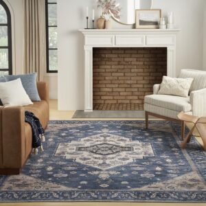 Nourison Brilliance Machine Washable Traditional Denim 7'10" x 9'10" Area -Rug, Easy -Cleaning, Non Shedding, Bed Room, Living Room, Dining Room, Kitchen (8x10)