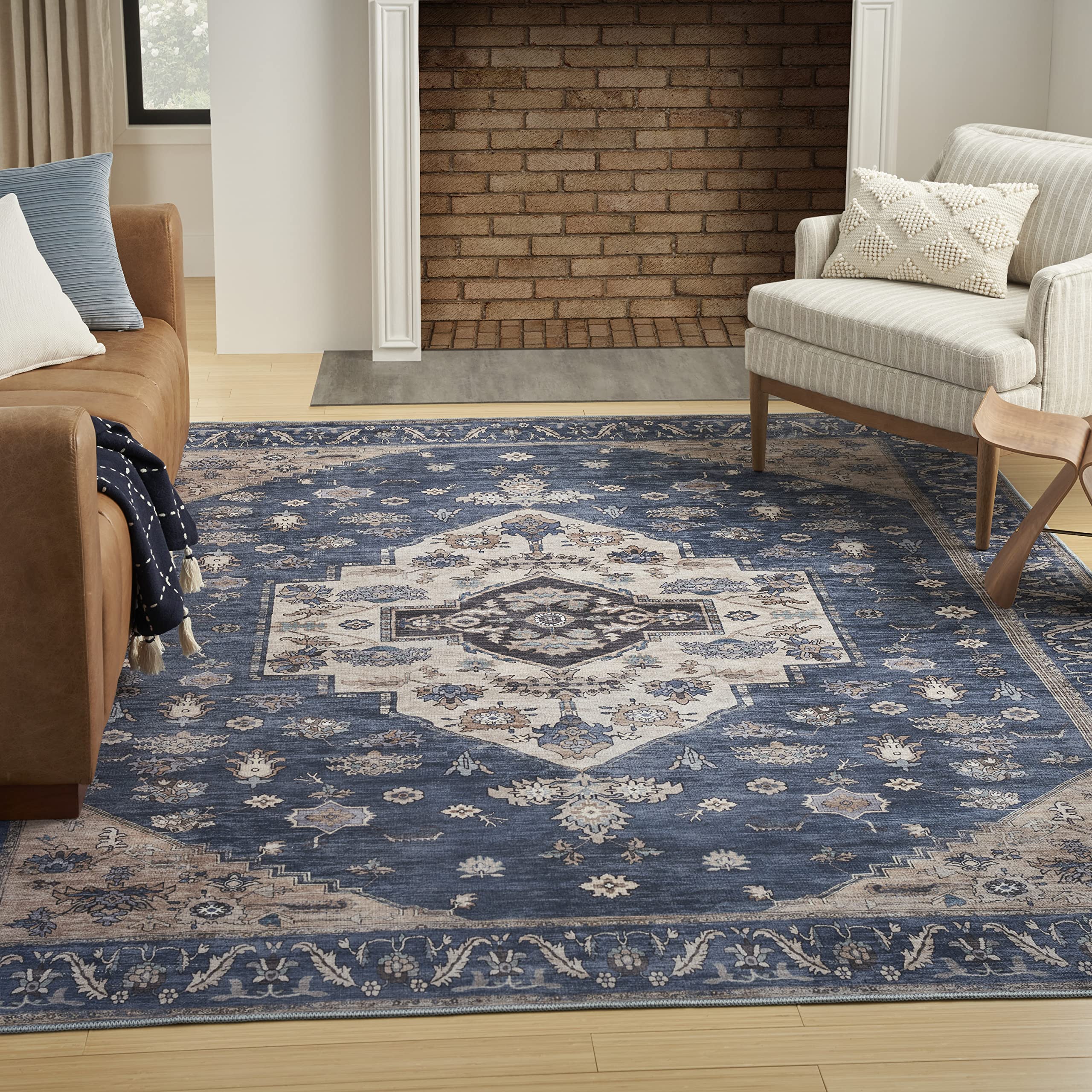 Nourison Brilliance Machine Washable Traditional Denim 7'10" x 9'10" Area -Rug, Easy -Cleaning, Non Shedding, Bed Room, Living Room, Dining Room, Kitchen (8x10)