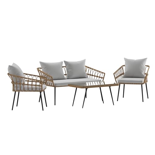 Taylor & Logan Iya 4 Piece Boho Rope Rattan Patio Conversation Set with Tempered Glass Top Coffee Table and Gray Cushions for Indoor/Outdoor Use, Natural