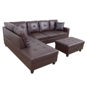 Plithzy Leather Sofa for Living Room,103" Sectional Sofa with Storage Ottoman,L Shape Couch Leather Living Room Furniture (Brown, Left Facing)