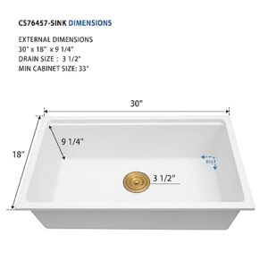 YAQUN Undermount Kitchen Sink, Deep Workstation Stone Kitchen Sink, Single Bowl Kitchen Sinks (White, 30" x 18")