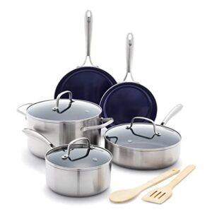 blue diamond hd stainless steel clad pro 10 piece cookware pots and pans set, diamond infused ceramic nonstick, pfas-free, dishwasher safe, oven and broiler safe, silver