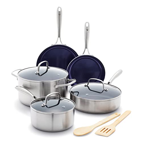 Blue Diamond HD Stainless Steel Clad Pro 10 Piece Cookware Pots and Pans Set, Diamond Infused Ceramic Nonstick, PFAS-Free, Dishwasher Safe, Oven and Broiler Safe, Silver