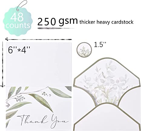 Crisky 50 Pack Greenery Thank You Greeting Cards with Envelopes & Stickers.6 Design Watercolor Greenery Greeting Cards Perfect for: Wedding/BabyShower/Birthday/Graduation. 4x6 Folded, Tented, Bulk