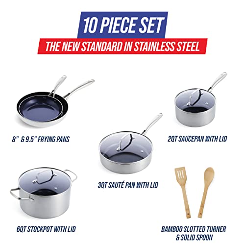 Blue Diamond HD Stainless Steel Clad Pro 10 Piece Cookware Pots and Pans Set, Diamond Infused Ceramic Nonstick, PFAS-Free, Dishwasher Safe, Oven and Broiler Safe, Silver