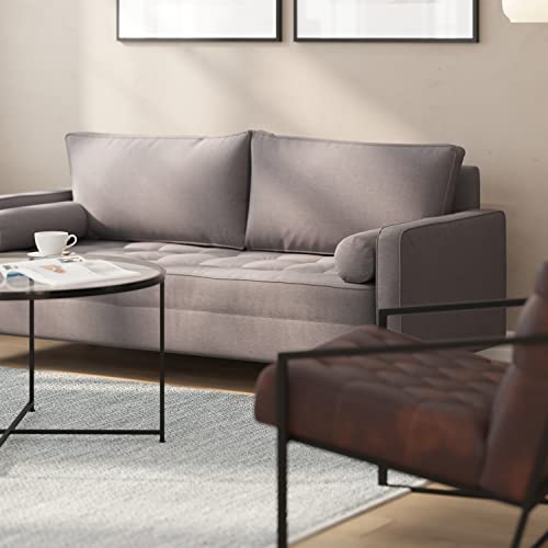 Taylor & Logan Hendrix Tufted Faux Linen Upholstered Mid-Century Modern Sofa with Solid Wood Legs in Slate Gray