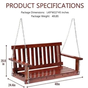 Wooden Porch Swings Outdoor Bench Swing 48inch, 2 Person Seating Hanging Porch Swing Solid Wood Patio Bench for Garden,Yard,Patio,Corrosion Resistant, Heavy Duty 800lb Weight for Adult (Brown)