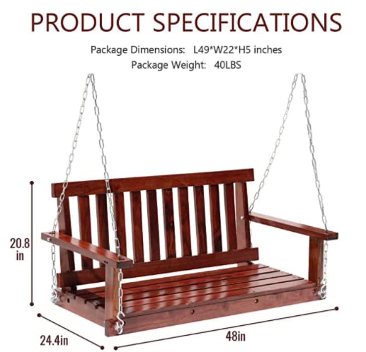 Wooden Porch Swings Outdoor Bench Swing 48inch, 2 Person Seating Hanging Porch Swing Solid Wood Patio Bench for Garden,Yard,Patio,Corrosion Resistant, Heavy Duty 800lb Weight for Adult (Brown)