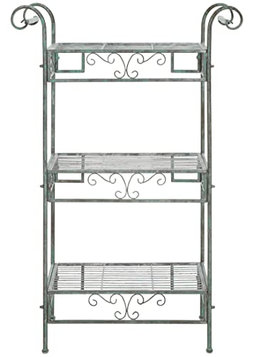 SAFAVIEH Outdoor Collection Noreen Victorian Scroll Antique Dark Green Wrought Iron 3-Tier Shelf