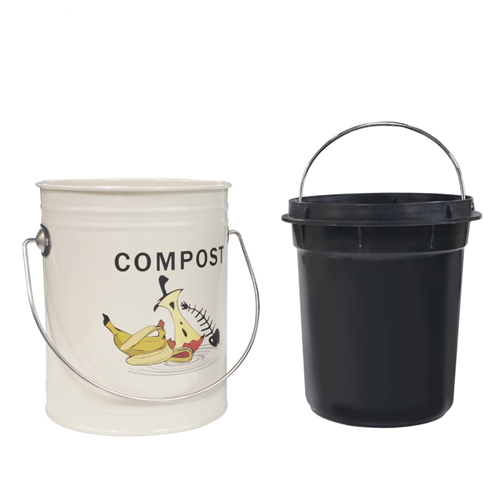 SOTECH Round Compost Bin Kitchen Garbage Can for Kitchen Counter Garden Compost Can with lid Metal Shell Plastic Liner Trash Can Household Garbage Collection Kitchen Decoration Indoor Composter