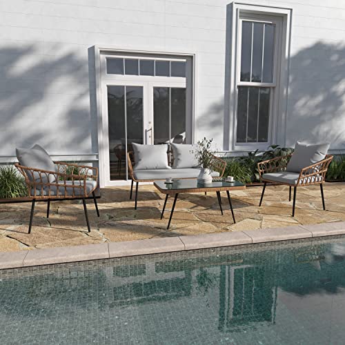 Taylor & Logan Iya 4 Piece Boho Rope Rattan Patio Conversation Set with Tempered Glass Top Coffee Table and Gray Cushions for Indoor/Outdoor Use, Natural