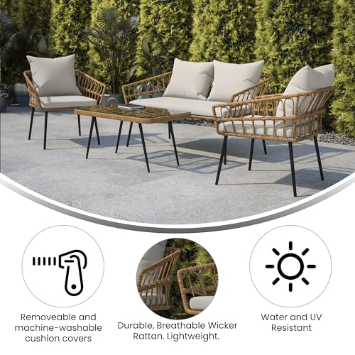 Taylor & Logan Iya 4 Piece Boho Rope Rattan Patio Conversation Set with Tempered Glass Top Coffee Table and Gray Cushions for Indoor/Outdoor Use, Natural