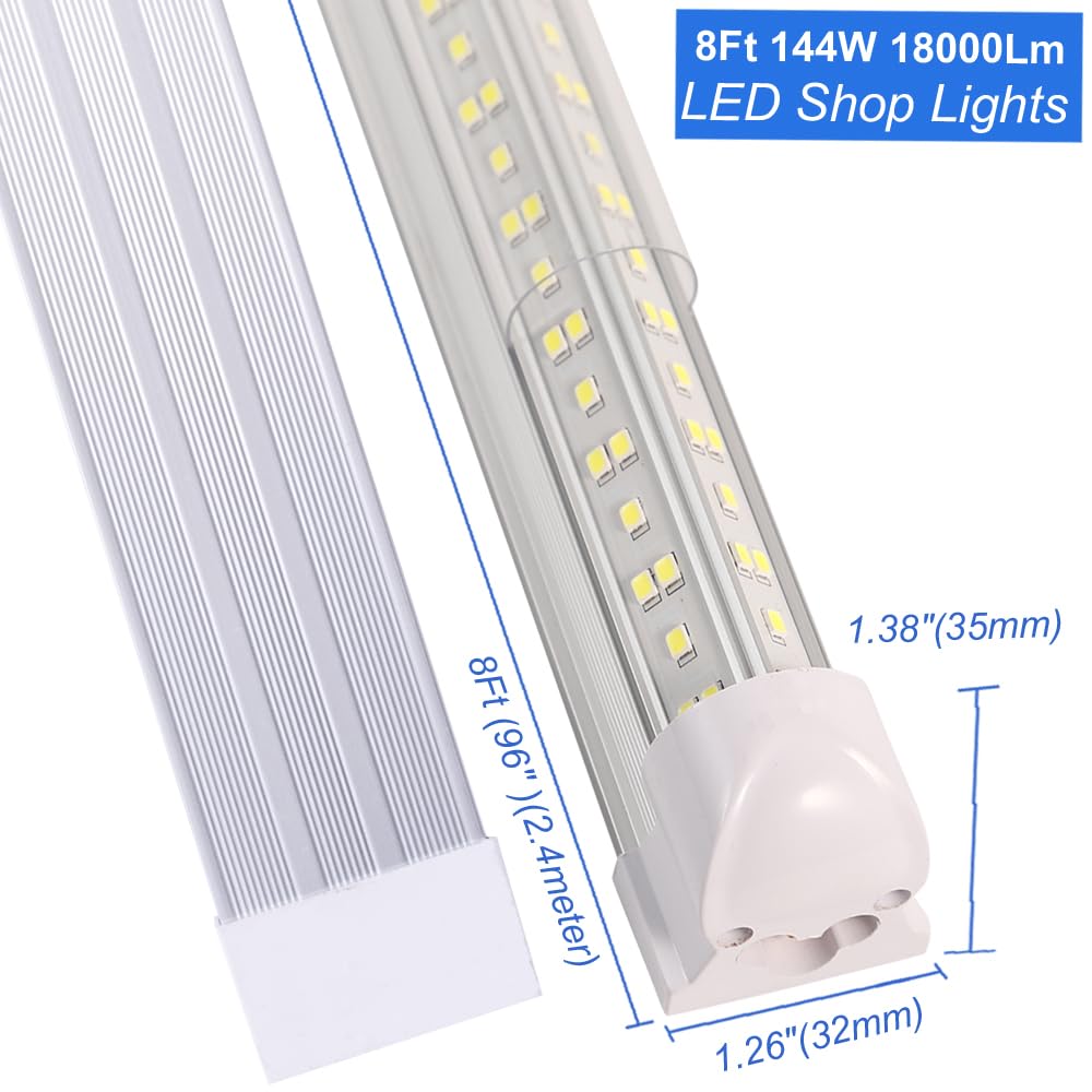 8Ft Led Shop Lights,8 Feet 8' V Shape Integrated LED Tube Light,144W 18000lm Fluorescent Clear Cover Linkable Surface Mount Lamp,Replace T8 T10 T12 Fluorescent Light Cooler Door Freezer Fixture