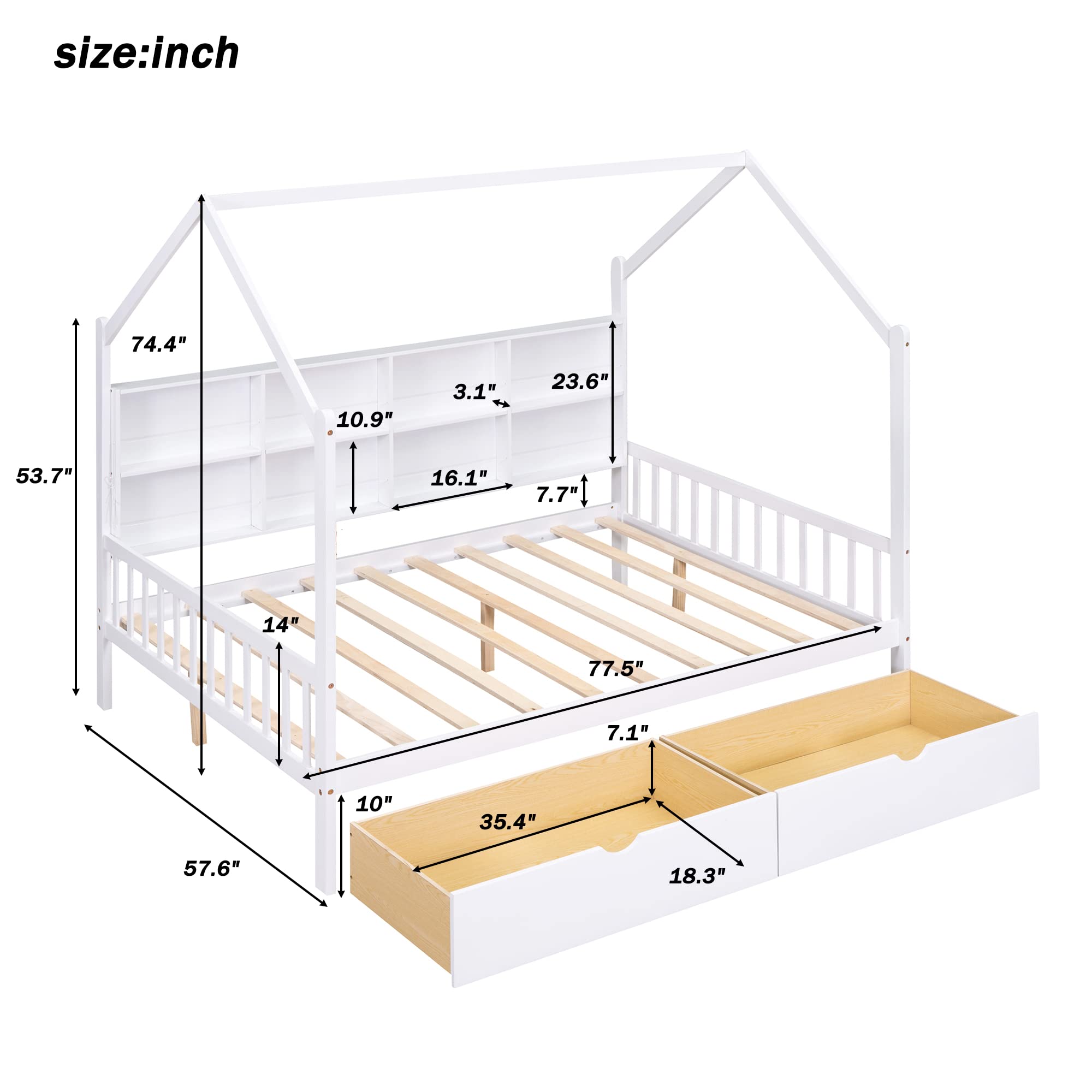 Harper & Bright Designs Full Size House Bed with Drawers, Wood Full House Bed Frame with Shelf Compartment, Full Storage Bed for Kids with Roof for Girls, Boys,No Box Spring Needed, White