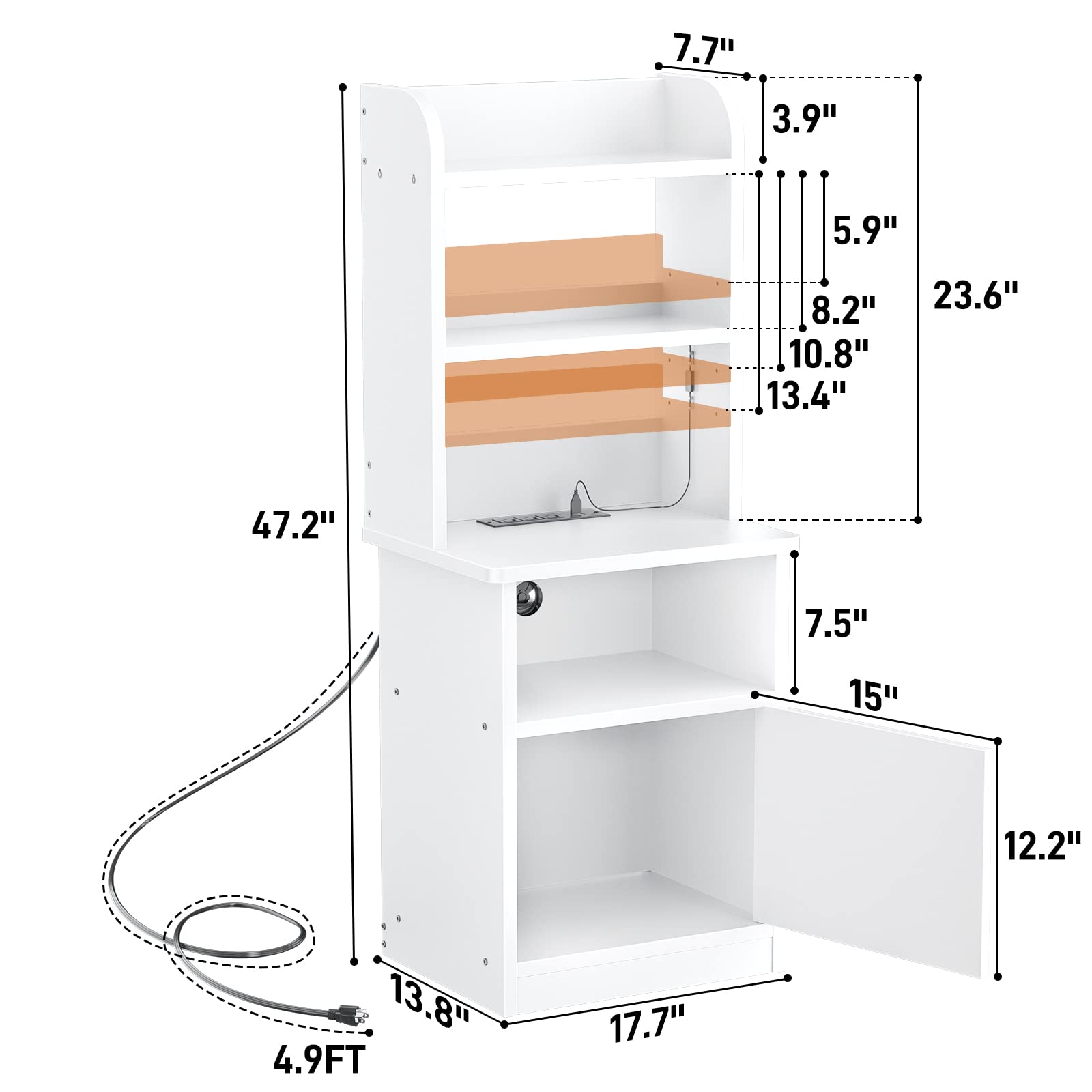 Tall Nightstands Set of 2 with Charging Station and LED Lights - 47" Tall Bedside Table with Adjustable Bookshelf, Industrial End Table Side Table with Storage Cabinet for Home Office, White