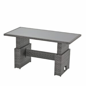 SUNSITT Outdoor Patio Lift Dining Table, Rectangle Patio Coffee Table with Glass Tabletop, Wicker Furniture Multi-Function Dining Table for Backyard, Deck, Garden, Grey