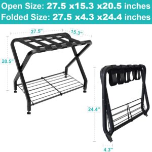 Whoonba Folding Luggage Rack with 2-tiers Storage Shelf, Foldable Steel Frame Luggage Organizers for Suitcase, Metal Luggage Holder for Guest room, Bedroom, Hotel, Closet, Black, 1pack