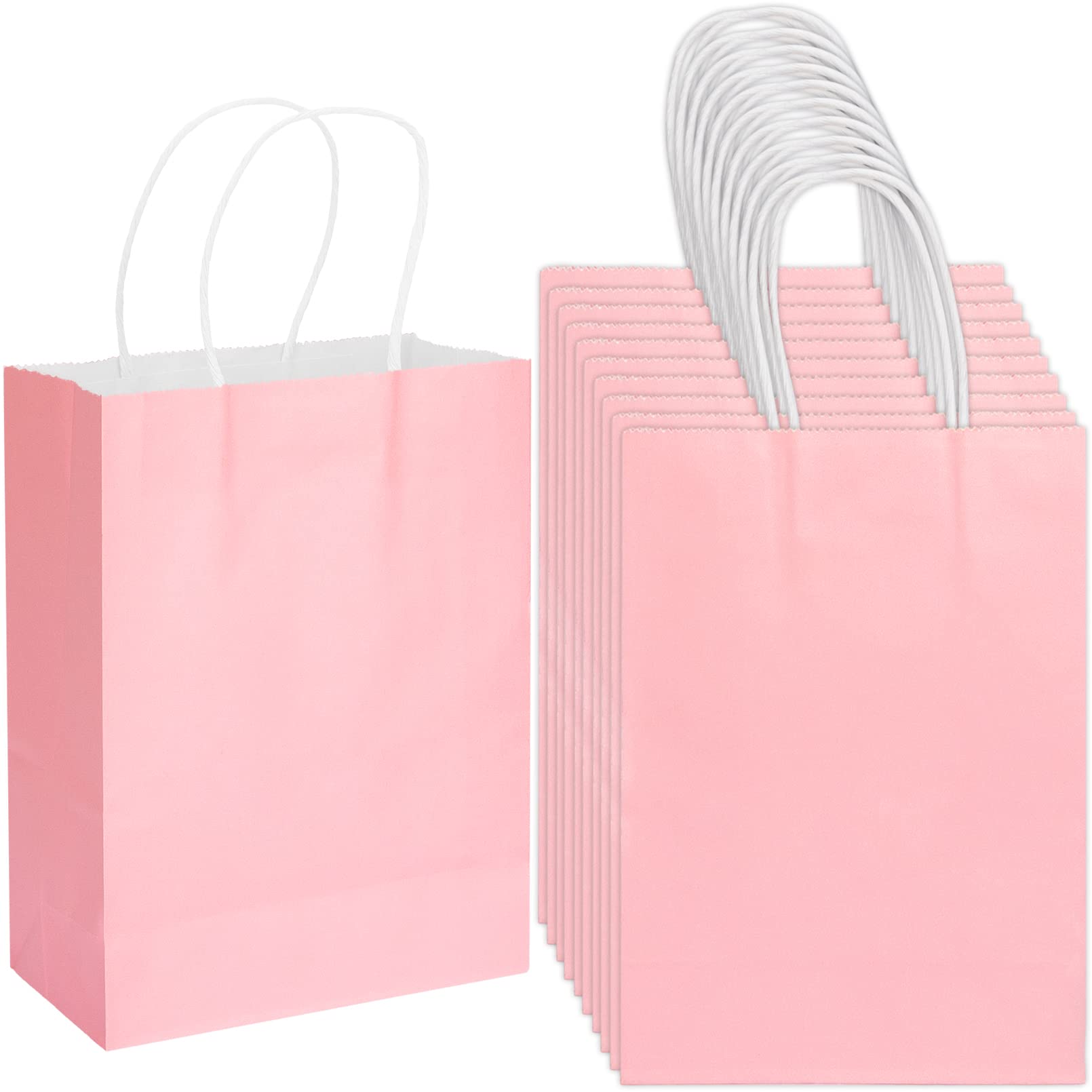 100 Pack 5.9x3.15x8.26 inch Small Pink Gift Bags, Kraft Bags with Handles Bulk for Birthday Party Favors,Gift Paper Bags,Retail Shopping Business Goody Craft Gift Bags