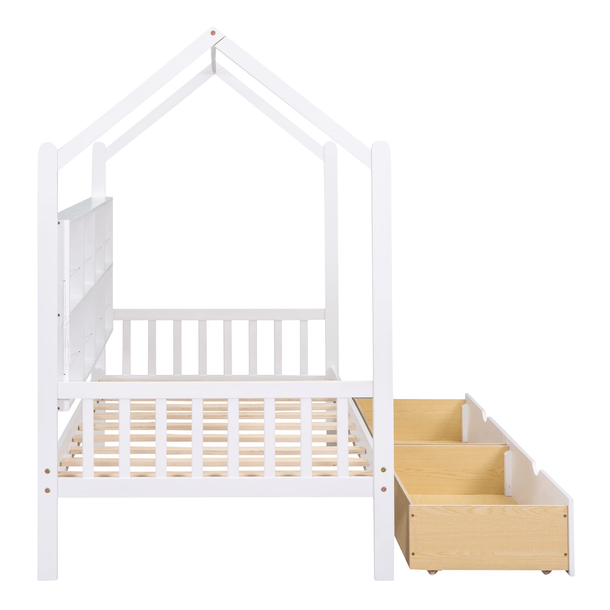 Twin House Bed with 2 Drawers and Storage Shelves, Montessori Bed, Twin Platform Bed Frame with Roof, Tent Bed, Solid Wood Playhouse Bed for Kids Teens Girls Boys (Twin, White)