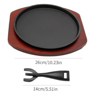 VIKKSAER 10.2" Cast Iron Steak Plate, Sizzling Plate with Wooden Base & Hot Plate Gripper, Steak Pan Grill Fajita Server Plate for Restaurant Home Kitchen Cooking Accessory