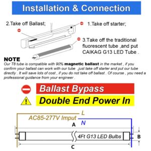 CAIKAG T8 LED Bulbs 4 Foot, T12 LED Replacement 4FT 72W Fluorescent Tube Lights,7200lm 6500K Cool White,2 Bi-Pin G13 Base Type B Tube Lights, Ballast Bypass, Double Ended Power, NO RF FM Driver