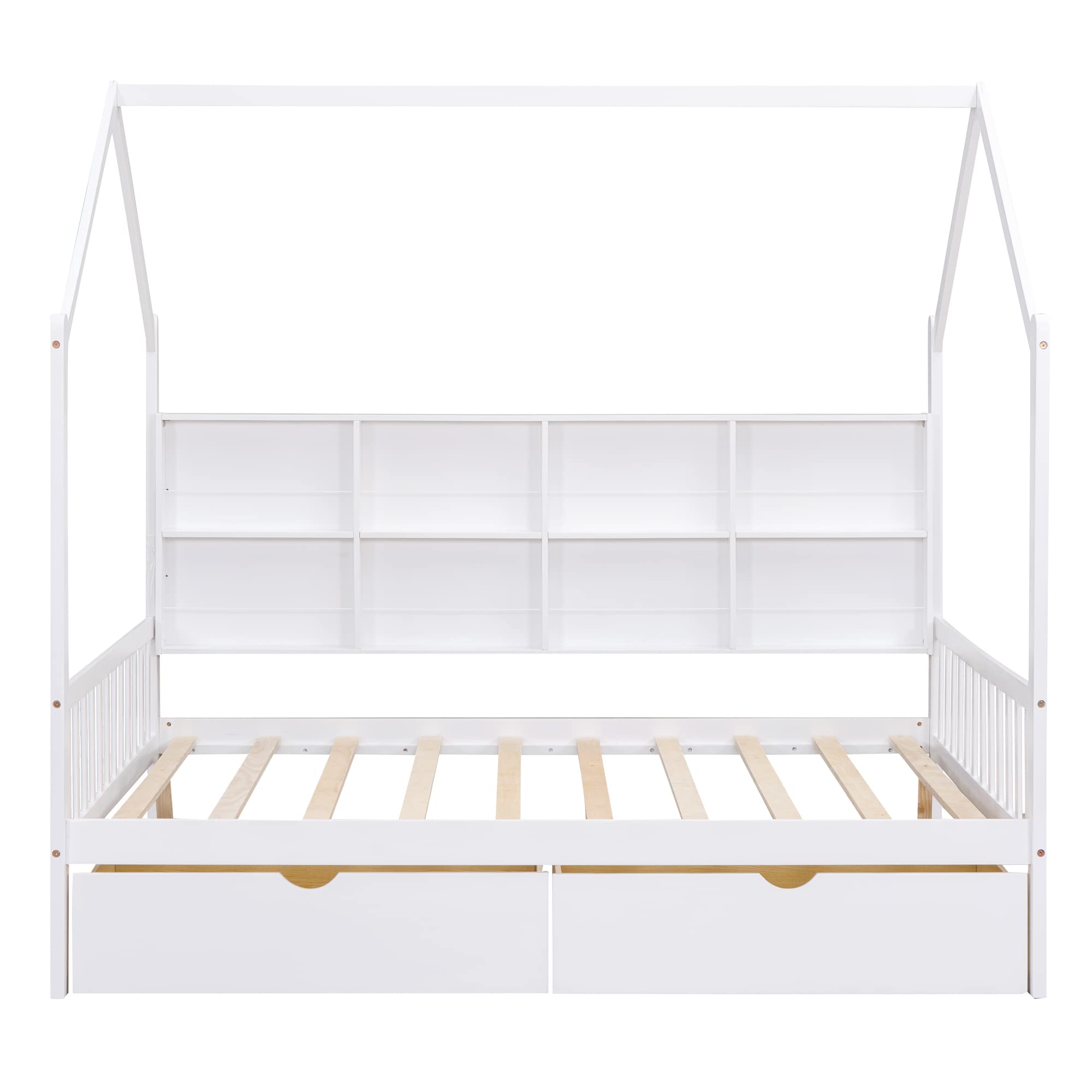 Harper & Bright Designs Full Size House Bed with Drawers, Wood Full House Bed Frame with Shelf Compartment, Full Storage Bed for Kids with Roof for Girls, Boys,No Box Spring Needed, White