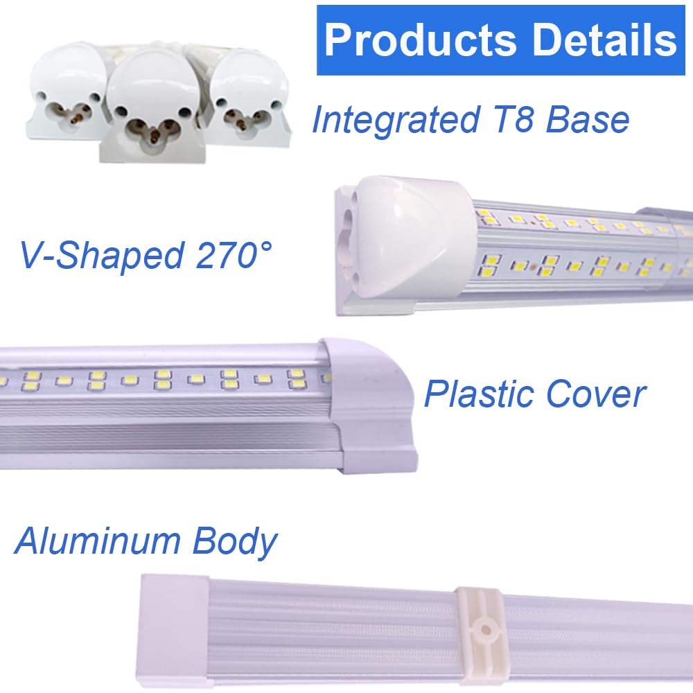 8Ft Led Shop Lights,8 Feet 8' V Shape Integrated LED Tube Light,144W 18000lm Fluorescent Clear Cover Linkable Surface Mount Lamp,Replace T8 T10 T12 Fluorescent Light Cooler Door Freezer Fixture