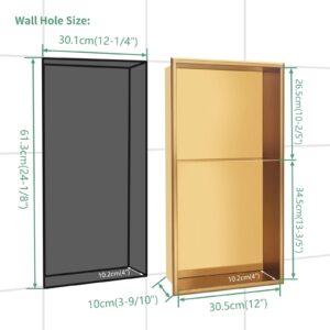 DAYONE Brushed Gold Shower Niche NO Tile Needed 12" X 24", Stainless Steel Bathroom Wall Niche Recessed Double Shelf Organizer, Modern in Wall Shower Storage Nook Insert