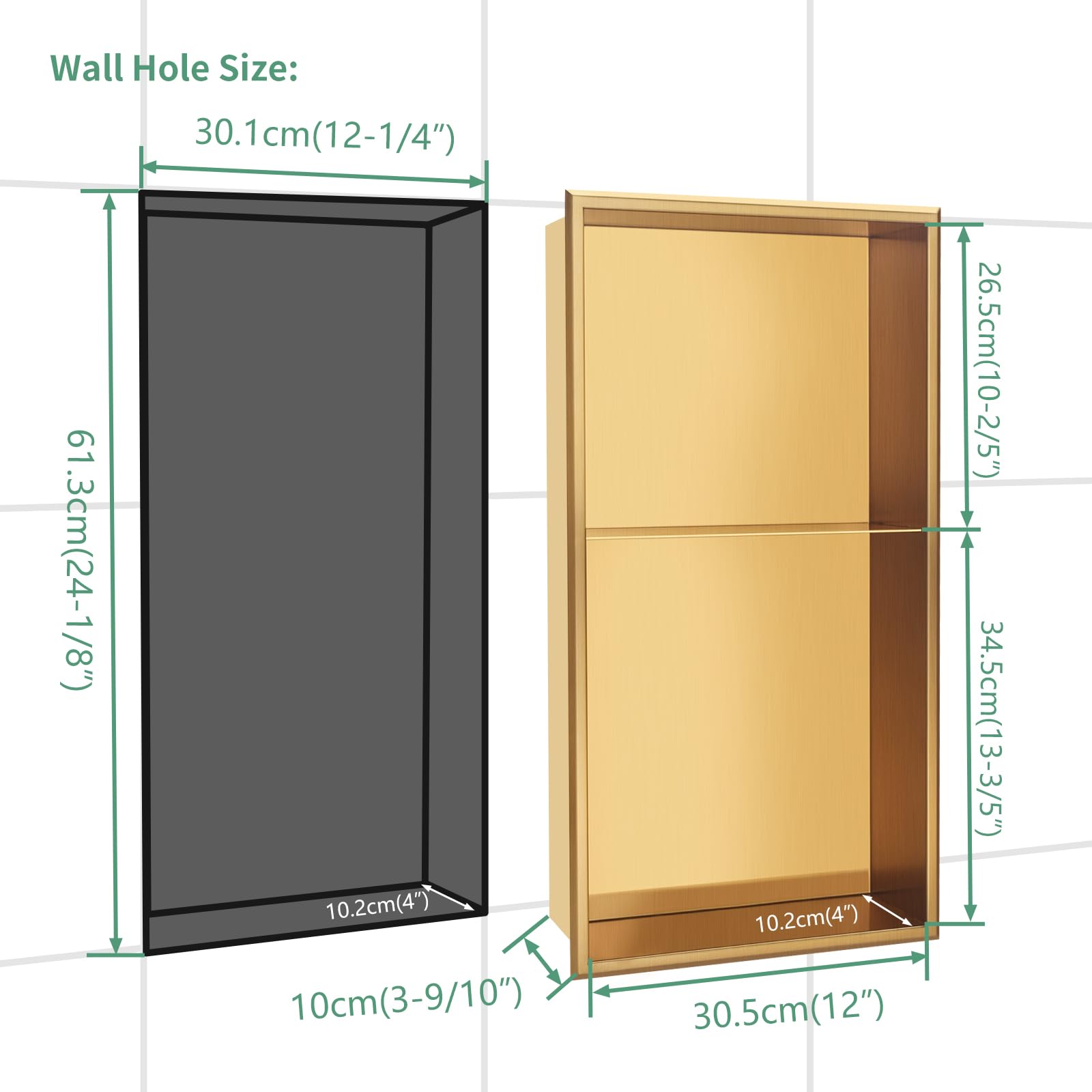 DAYONE Brushed Gold Shower Niche NO Tile Needed 12" X 24", Stainless Steel Bathroom Wall Niche Recessed Double Shelf Organizer, Modern in Wall Shower Storage Nook Insert