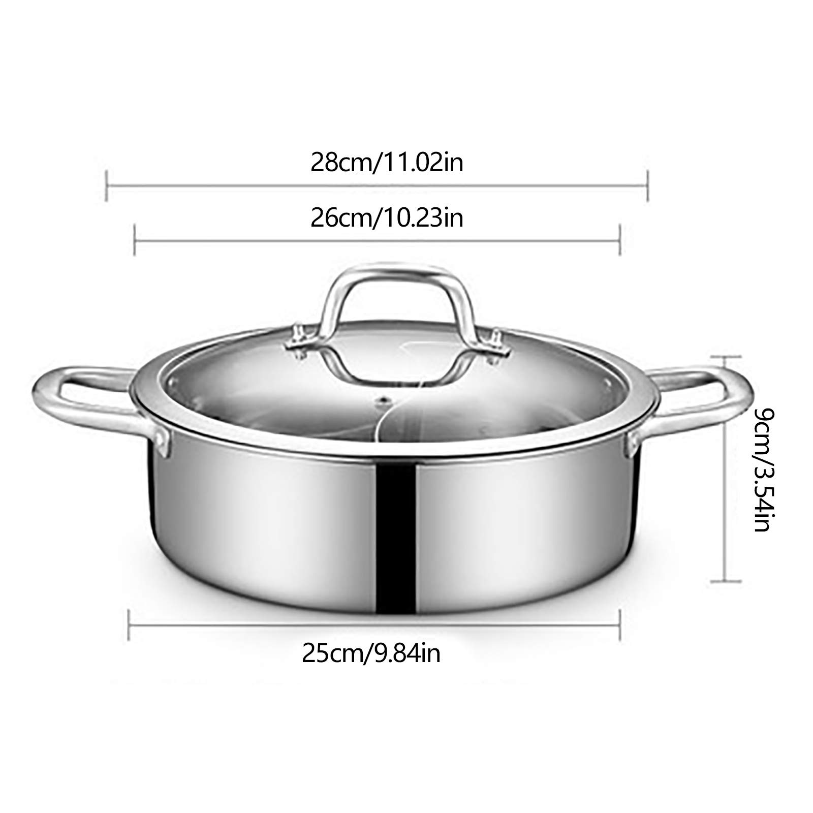 Xuthusman 304 Food Grade Stainless Steel Shabu Shabu Hot pot with Divider&Lid for Induction Cooktop Gas Stove Dual Sided Soup Cookware with 2 Soup Ladles (28cm)