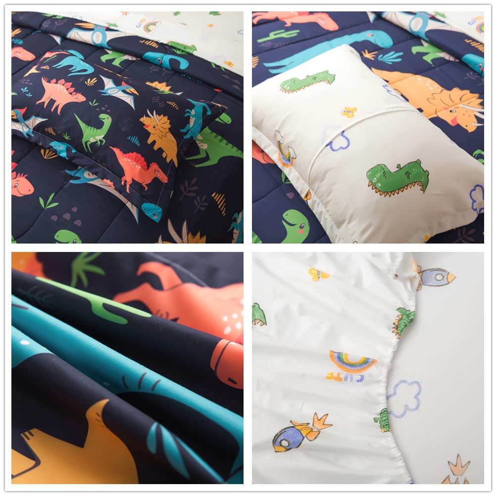 lishjekee Dinosaur Comforter Set Twin for Boys 6Pieces Dinosaur Bed in A Bag for Kids Jungle Dino Bedding Set Navy Blue T-Rex Dinosaur Comforter and Sheets Set Dino Bed Sets Home Decor