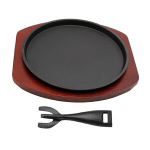 VIKKSAER 10.2" Cast Iron Steak Plate, Sizzling Plate with Wooden Base & Hot Plate Gripper, Steak Pan Grill Fajita Server Plate for Restaurant Home Kitchen Cooking Accessory