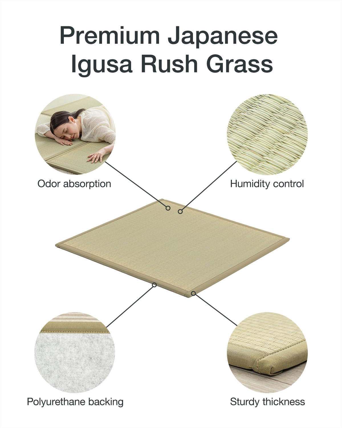 FULI Japanese Square Tatami Rug, Lightweight Igusa Mat (Japanese Rush Grass), Made in Japan (Natural, 4 Pieces)