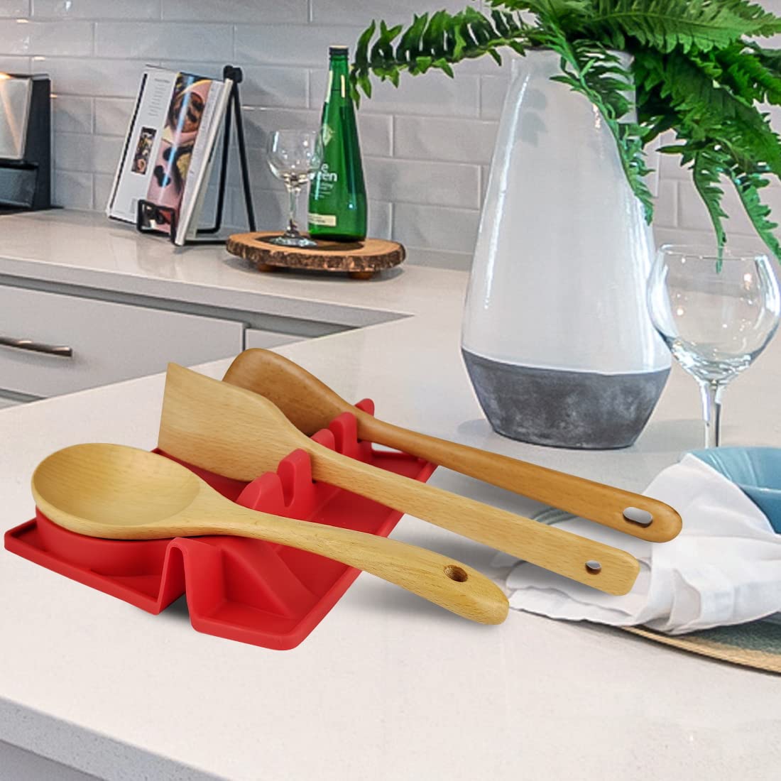 Silicone Utensil Rest with Drip Pad; Spoon Holder for Stove Top; Spoon Rest; Large Spoon Rest; Silicone Spoon Rest; Utensil Rest; Kitchen Spoon Rests; Kitchen Spoon Holder (red)