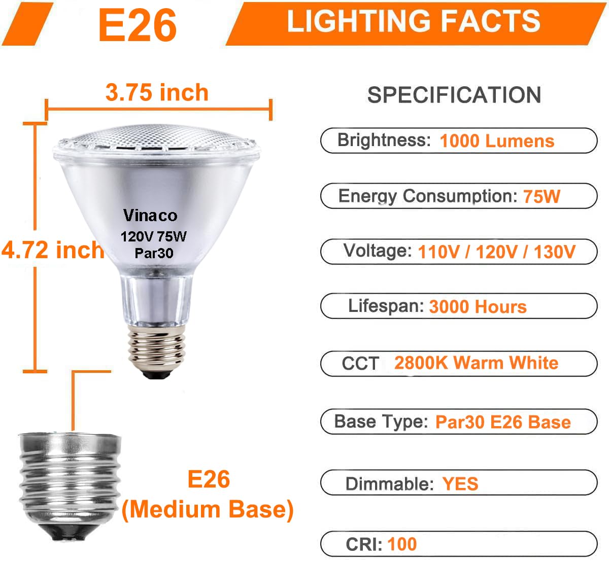 Vinaco PAR30 Long Neck 75W, 6 Pack Long Lasting PAR30 Halogen Flood Light Warm White 2800K, PAR30 Dimmable, High Output PAR30 Flood Light Bulb 120V with E26 Base for Indoor/Outdoor